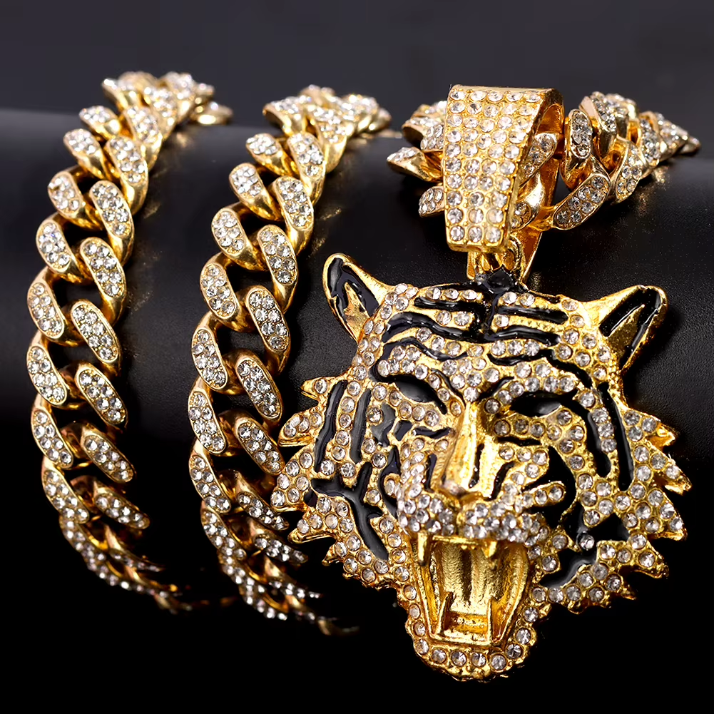 Hiphop Tiger Pendant Necklace for Men Women Iced Out Cuban Link Chains Luxury Crystal Cuban CZ Stainless Steel Necklaces Jewelry