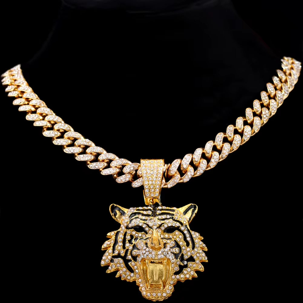 Hiphop Tiger Pendant Necklace for Men Women Iced Out Cuban Link Chains Luxury Crystal Cuban CZ Stainless Steel Necklaces Jewelry